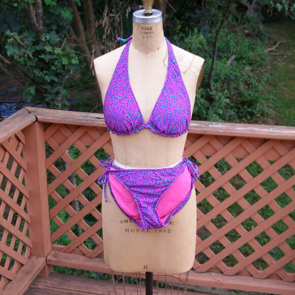 NEW size L/XL Xhilaration Reversible 2pc Swim Suit Animal Print/Striped Hot Pink - Picture 1 of 9